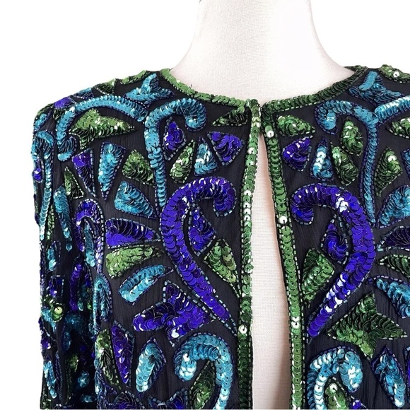 Vtg Stenay Silk Beaded Sequined Swirl Evening Jacket Black Blue Green Size M - Picture 4 of 7
